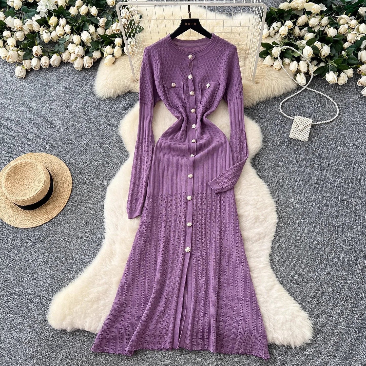 Brand Fashion Aesthetic Patchwork Knitted Maxi Dress Autumn Winter Women Luxury Shirt Sweater Dress Office Lady Vestido