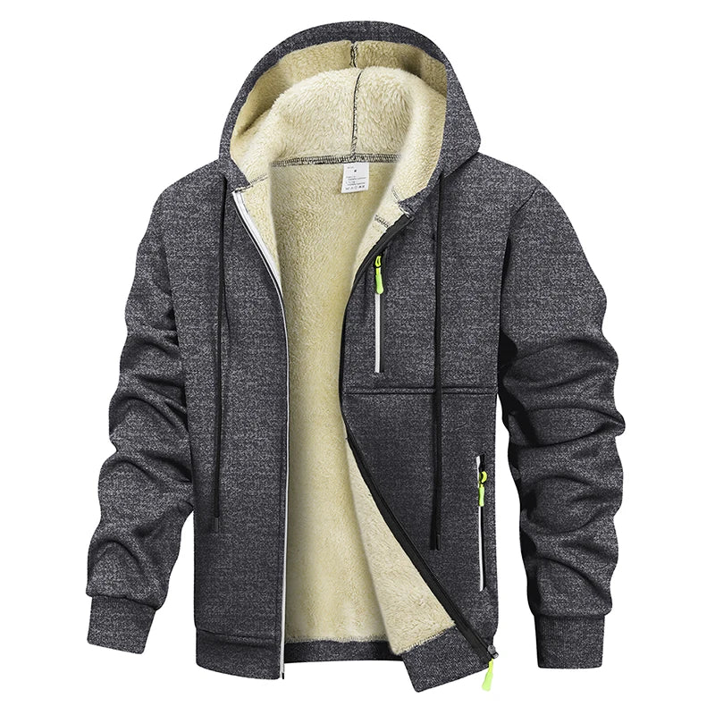 Men's Winter Warm Sherpa Plush Lined Jacket Casual Zip Up Hooded Coat with Zipper Pockets Male Fleece Outerwear Outfits Tops