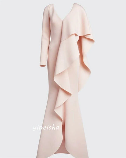 Customized Jiayigong  s Draped Tiered Ruffles Cocktail Party Sheath V-Neck Bespoke Occasion Gown Long Dresses