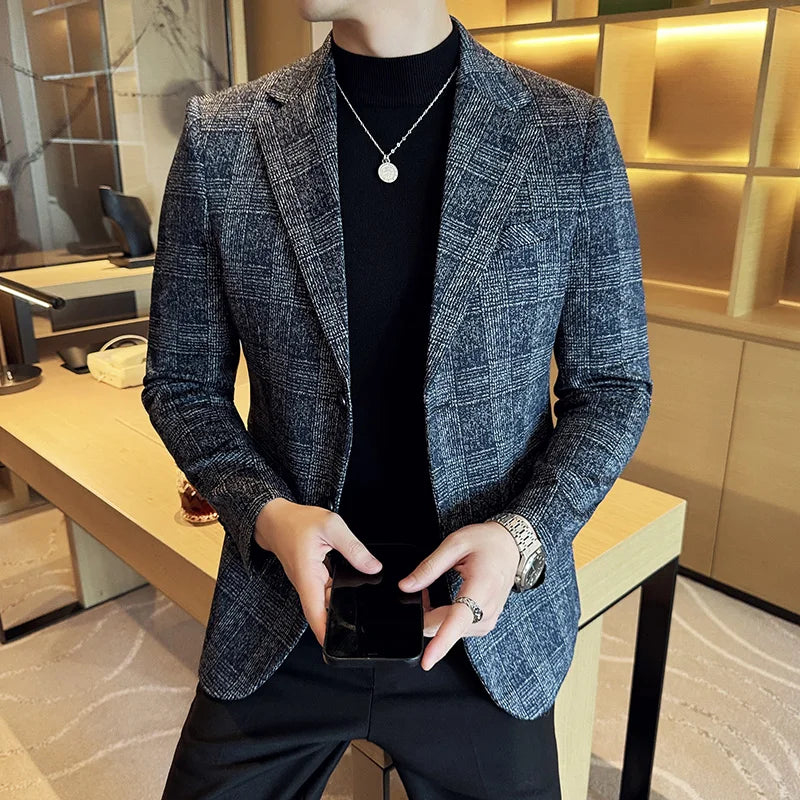 High Quality Meteor Grid Suit Jackets Men British Style Slim Fit Business Casual Fashion Blazers Formal Men Wedding Party Tuxeds