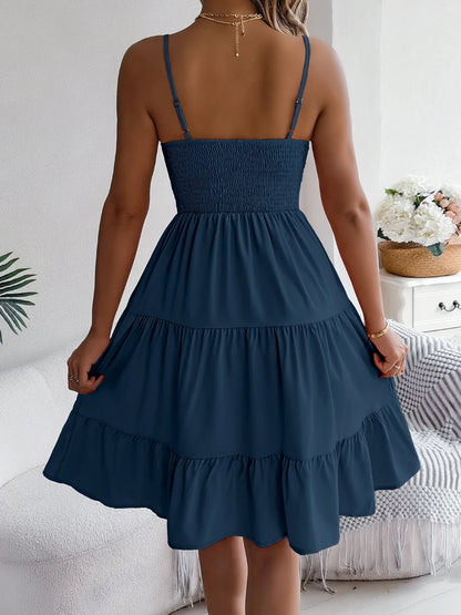 Casual Vacation Ruffled Camisole Dress Spring Summer Women's Solid Dresses for 2026 Valentine's Day Woman Clothing Pink Blue