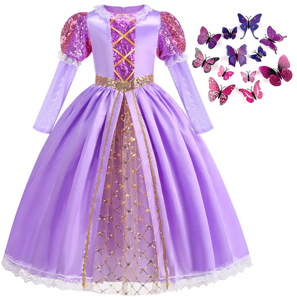 Rapunzel Short Sleeve Purple Puffy Dress + Accessories Girls Cosplay Rapunzel Summer Casual Dress Birthday Party Gift