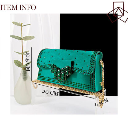Green Color Rhinestone Comfortable Women's Pumps Heels And Bag Fashion Style Pointed-Toe Shoes For Farty  Occasion