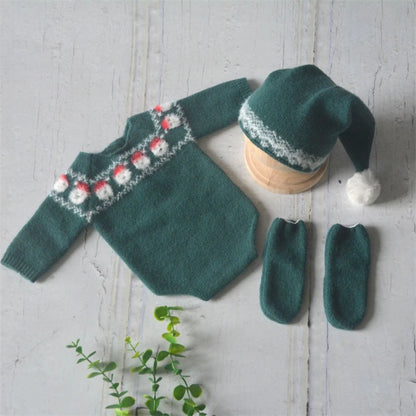 Christmas Baby Clothing Newborn Boy Girl Photography Santa Claus Costumes Sets Green Knitted Romper Stockings Hat 3pcs for Xmas