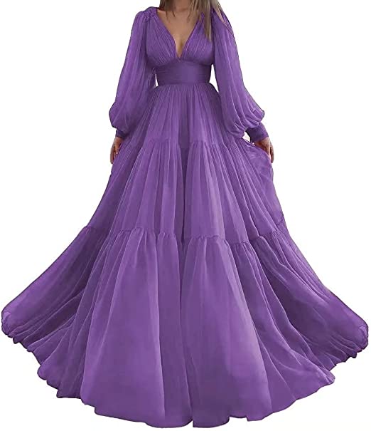 Pleat Tulle Princess Prom Gown V-Neck Long Puff Sleeve Plus Size Evening Gown Elegant Dress Women for Wedding Party