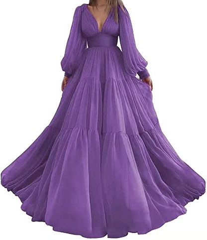Pleat Tulle Princess Prom Gown V-Neck Long Puff Sleeve Plus Size Evening Gown Elegant Dress Women for Wedding Party
