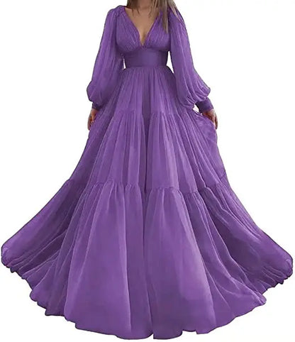 Pleat Tulle Princess Prom Gown V-Neck Long Puff Sleeve Plus Size Evening Gown Elegant Dress Women for Wedding Party