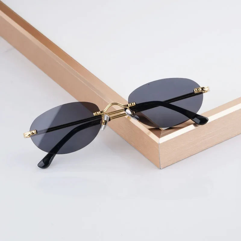 CLEO Small Oval Rimless Women's Sunglasses Alloy Men High Quality Fashion Design UV400 Handmade High Street Eyeglasses Wtih Case