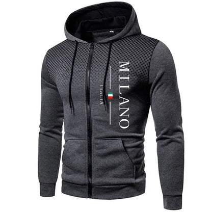 Italy Milan Print Men's Zip-up Hooded Outwear Fall Winter Male Daily Casual Sporty Jogging Hoodie Outdoor Motorcycle Riding Coat
