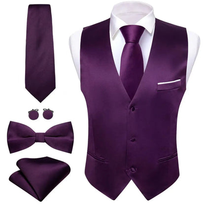 Elegant Silk Vest for Men Wedding Solid Gold Green Pink Purple Red Waistcoat Tie Bowtie Set Sleeveless Jacket Suit Barry Wang