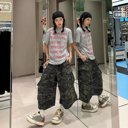 Y2K American Vibe Washed Camo Workwear Jeans Shorts Women's High Waist Straight Leg Slimming Wide Leg Mid-Length Pants