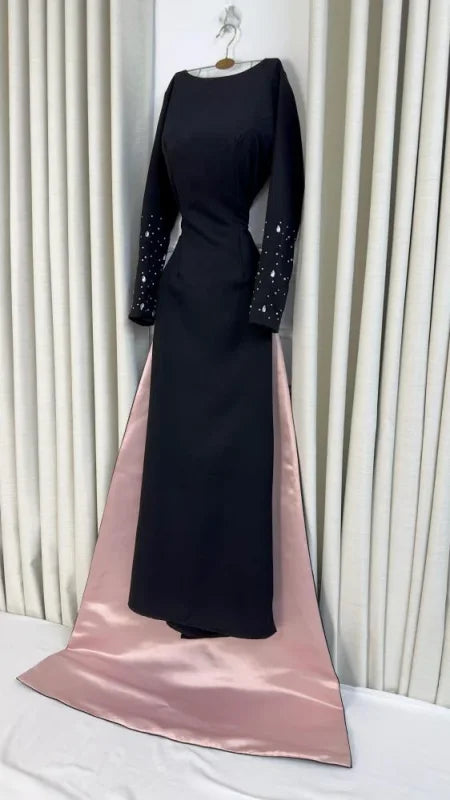 Custom Made O-neck Solid Sexy Sheath Backless Evening Dress Long Sleeve Beaded Crystal Floor Length Party Dress with Court
