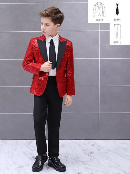 Boys Sequined Suit Set 3 Pieces Performance Wear 120-160cm Handsome Kids Slim Fit Suits Wedding Ring Bearer Outfit