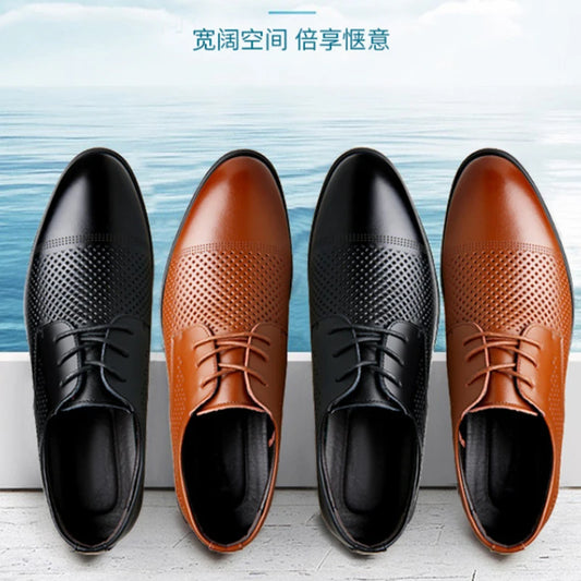 Mens Black Genuine Leather Perforated Cap Toe Lace Up Formal Business Oxford Shoes Breathable Summer Office Casual Dress Shoes