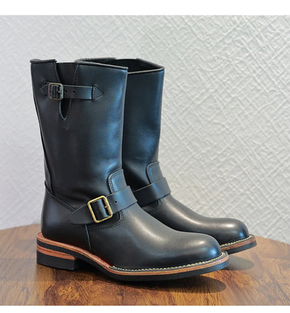 Retro American Motorcycle Boots Long Tube Genuine Leather Engineer Boots Men Knight Style Boots Outdoor Youth Fashion Boots