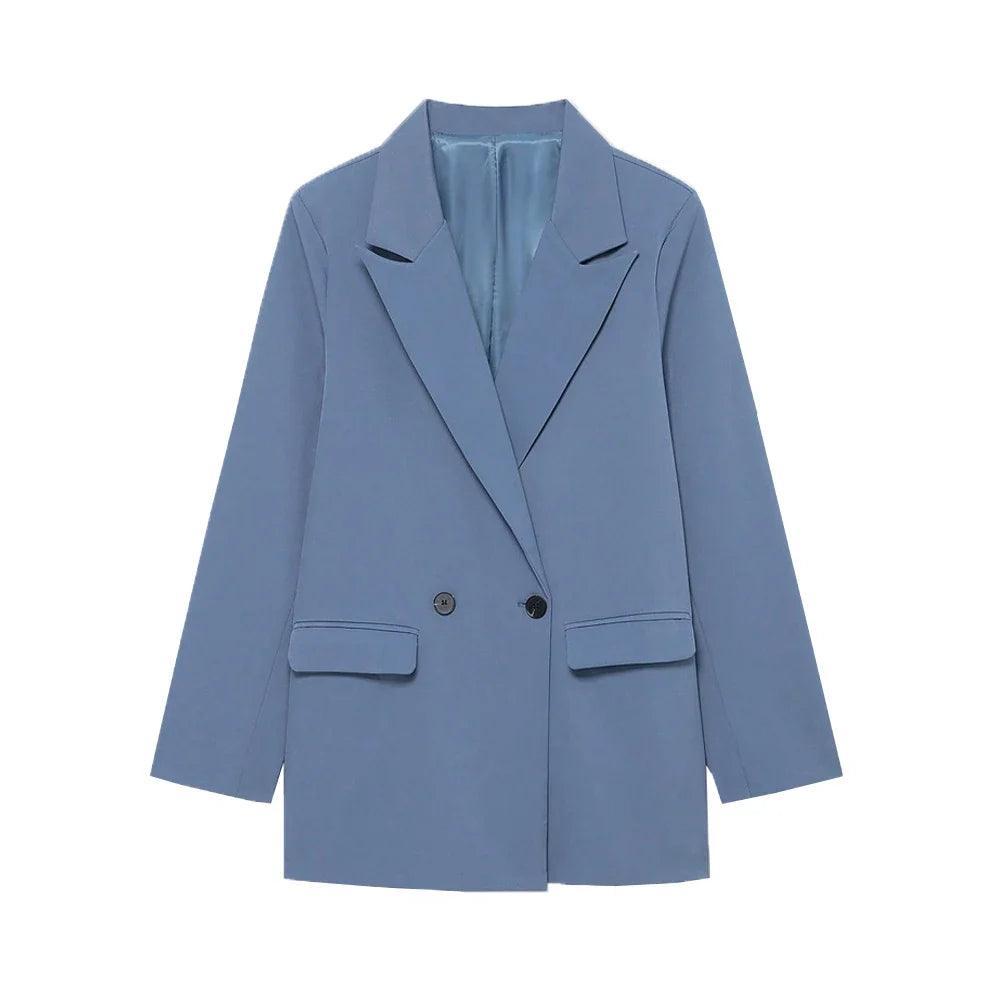 Women's Double-Breasted Solid Color Blazer Coat Long Sleeve Office Wear for Spring Autumn Winter Old Money Style