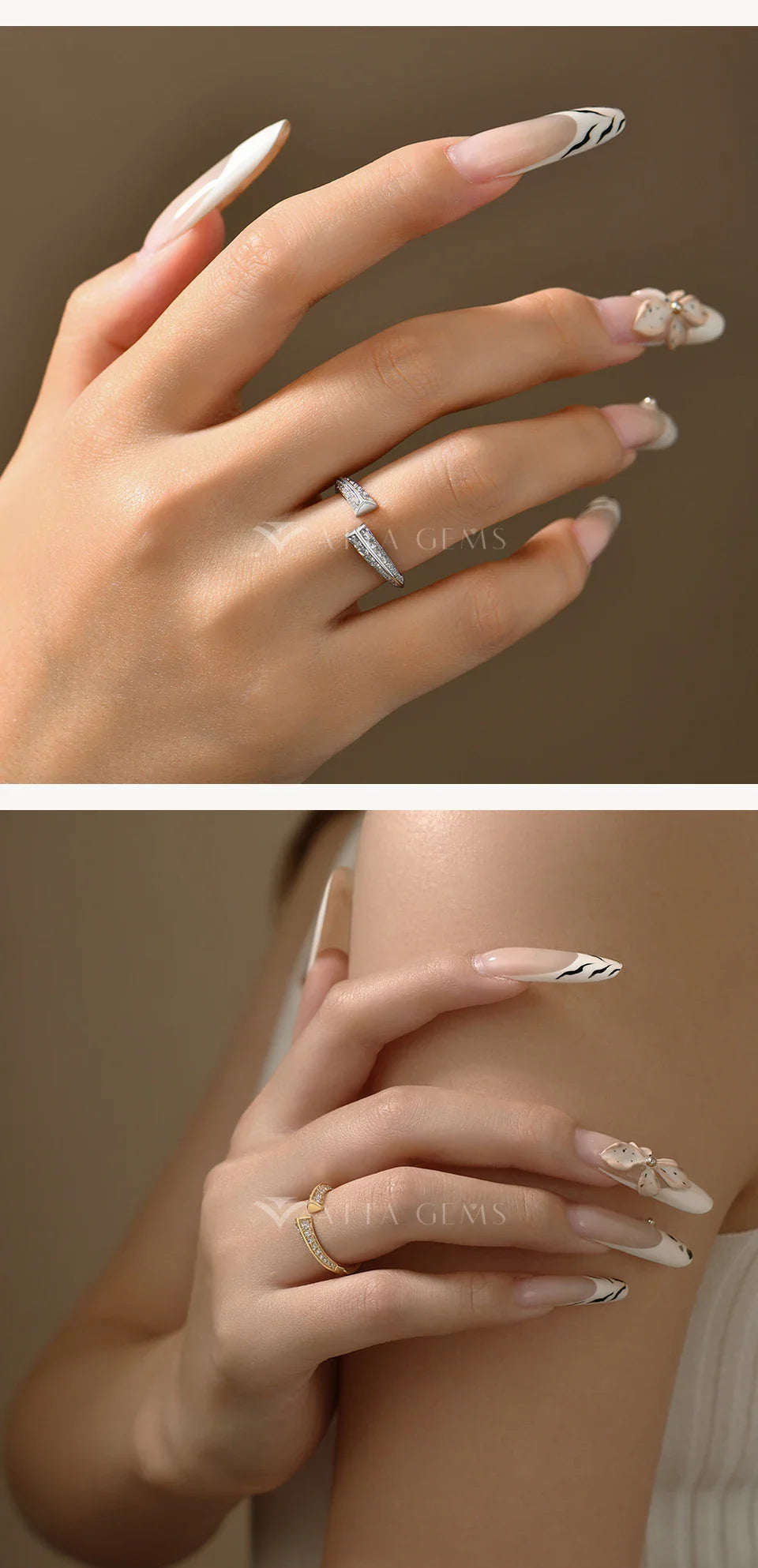 ATTAGEMS Exquise bague ouverte en moissanite couleur D VVS1 en argent sterling S925, bagues en or pour femmes, bijoux tendance pour fête