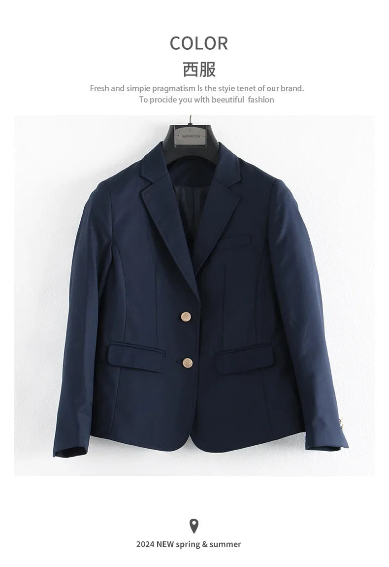 Preppy Style Slim Fit Solid Blazer Woman Double Button Turn-Down Collar Blazers Women Spring Autumn Basic Student JK Suit Coat