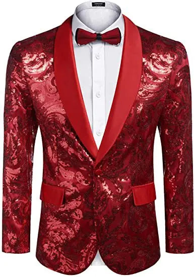 2026 Men's Shiny Gold Sequins Blazer Stylsih Shawl Collar One Button Tuxedo Floral Suit Jacket Party Wedding Groom Costume Homme