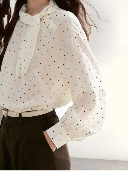 Women's White Polka Dot Blouse Spring Bow Tie Neck Sheer Chiffon Blouses Casual Long Sleeve Top Office Lady MXF13X2531