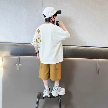 Chinese Style Kids Boy Summer Suit Twopiece Outfit Set With Panda Print T-shirt And Shorts Clothing Set for Children Streetwear