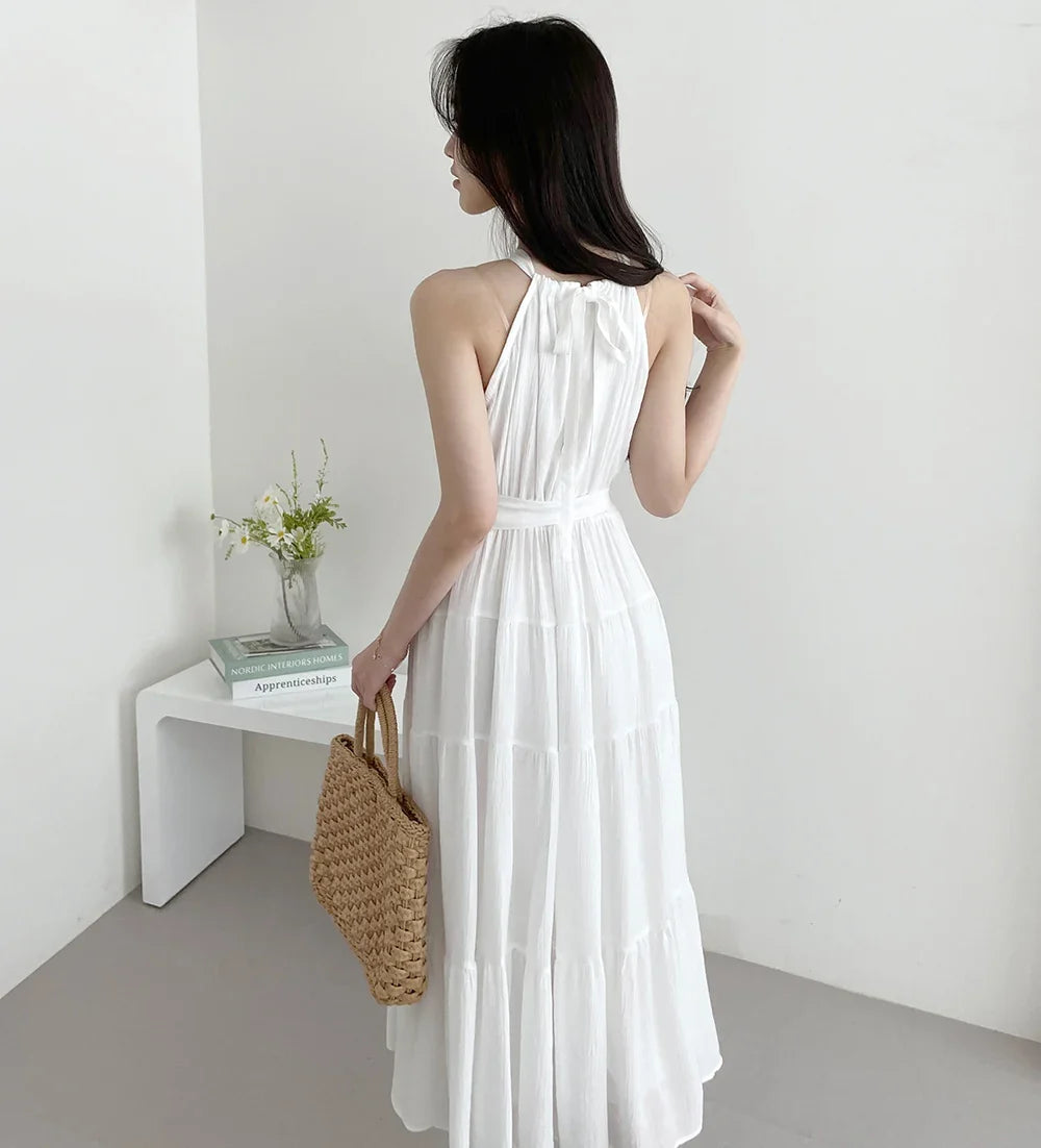 Korean Style Summer Slimming Necktie Waist Cinched Sleeveless Vest Long Dress Women's Fashionable Commute Style Inner Wear
