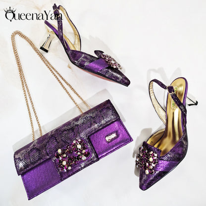 2025 Wine Colour Wedding Women High Heels for Italian Design Shoes and Bag Rhinestone Decorate Pointed-Toe Gorgeous Parties