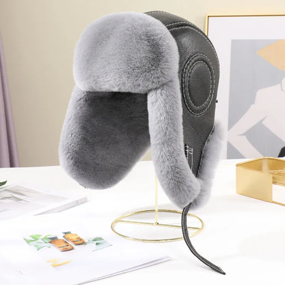 2026  Winter Men's 100% Real Rex Rabbit Fur Bomber Hat Ushanka Cap Trapper Russian Man Ski Hats Caps Real Sheepskin Leather
