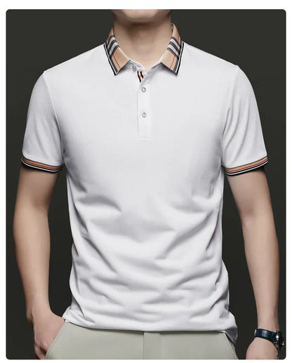 Fashion brand luxury short sleeve polo shirt men summer quality silky cotton breathable business casual striped collar T-shirt