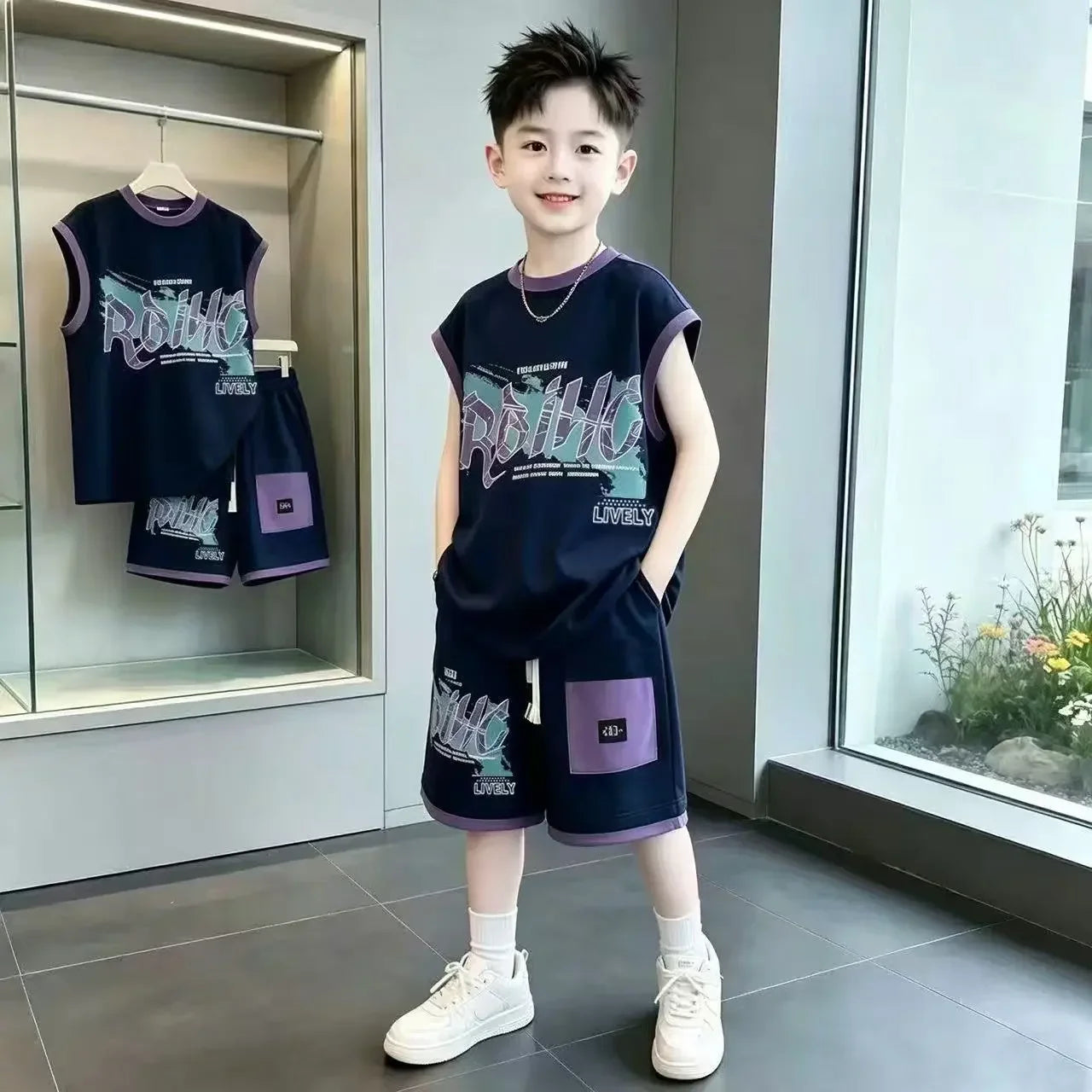 Boys Summer 2-Piece Set Casual Sports Wear Printed T-Shirt Sleeveless Tank Top Shorts Trendy Basketball Outfit