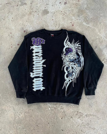 Y2K Nematode Phantom Thread Printing Long Sleeve T Shirt Loose and Heavy Style Old Washed Gothic Retro Street Fashion Top