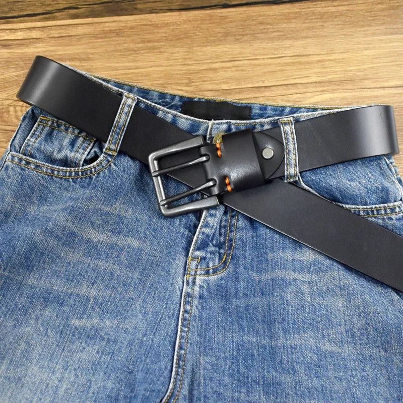 105-125cm Men's Retro Genuine Cowskin Belt Double Pin Buckle Waistband Business Luxury Belts Leather Craft Accessories