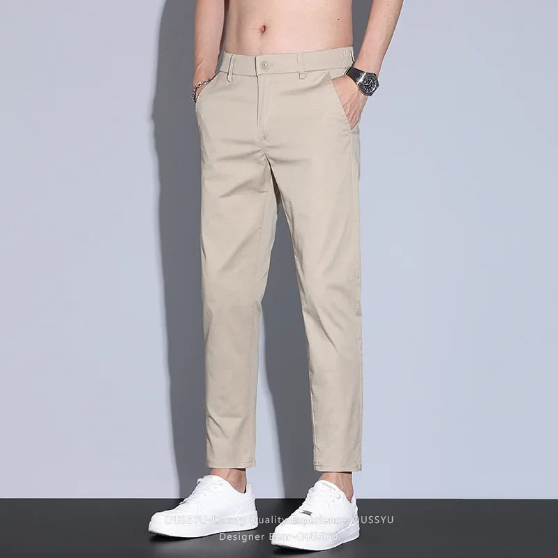 High Quality Summer Men's White Ankle Length Casual Pants 97%Cotton Breathable Straight Business Slim Work Chino Trousers Man