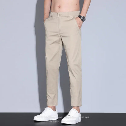 High Quality Summer Men's White Ankle Length Casual Pants 97%Cotton Breathable Straight Business Slim Work Chino Trousers Man