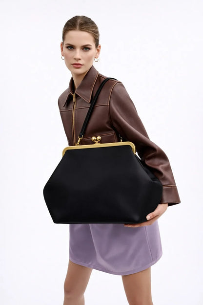 Fashion Large Kisslock Clutch Bag for Women Designer Clip Shell Women Shoulder Bags Luxury Soft Pu Leather Pink Color Handbags