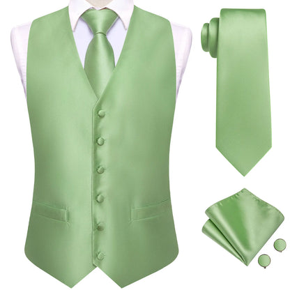 Silk Mens Suit Vests 4PC Woven Sage Green Solid Waistcoat Tie Pocket Square Cufflinks Business Wedding Dress Waist Jacket