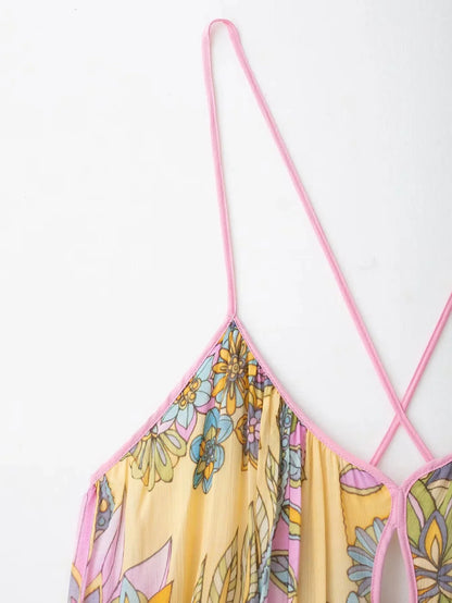 Sexy Floral Print Chiffon Print Loose Dress Women Cami Loose Beach Dress Fashion 2025 Summer Backless Female Dress