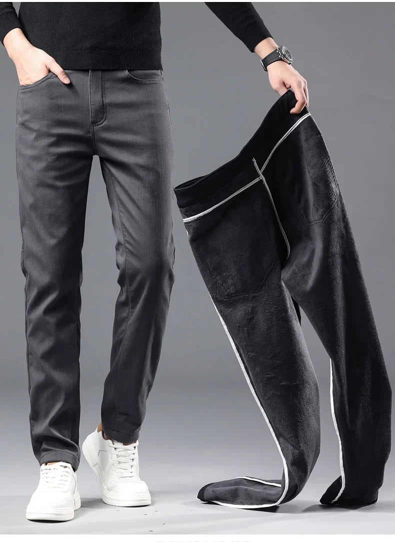 2024 Winter New Men's Warm Slim Fit Business Casual Fashion Thicken Trousers Fleece Stretch Brand Pants Black Grey Army Green