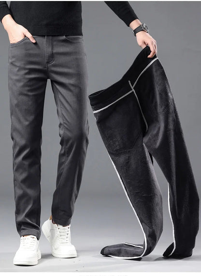 2024 Winter New Men's Warm Slim Fit Business Casual Fashion Thicken Trousers Fleece Stretch Brand Pants Black Grey Army Green