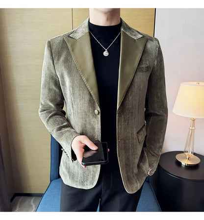 Splicing Leather Neck Fashion Suit Jacket Luxury Men's Business Slim Fit Social Formal Blazers Coats Wedding Groom Tuxedos 5XL-M