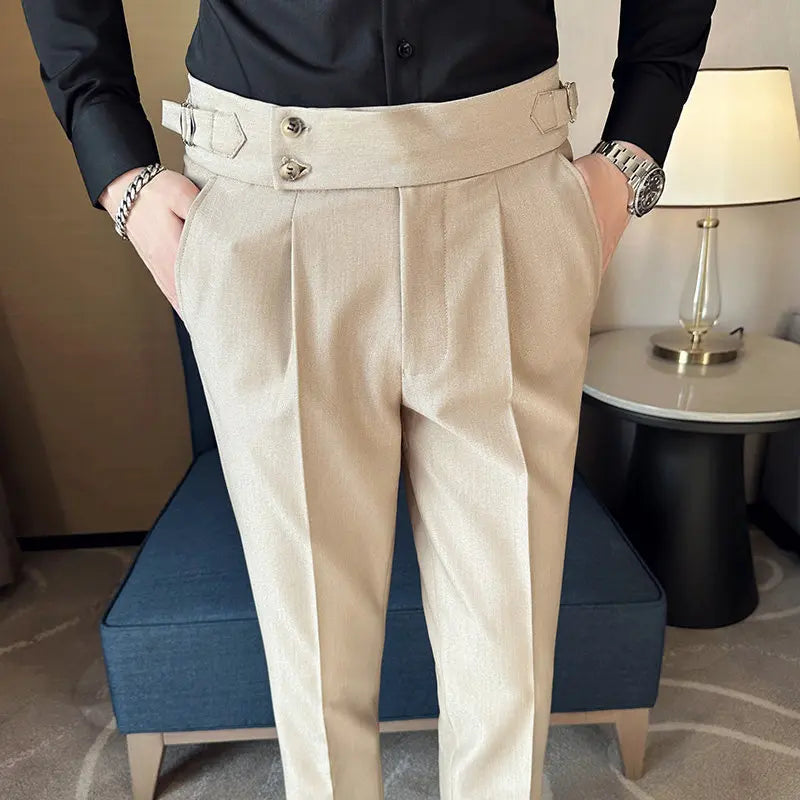 British Style Naples Solid Color High Waist Suit Pants High Quality Men Formal Business Social Party Wedding Casual Trousers