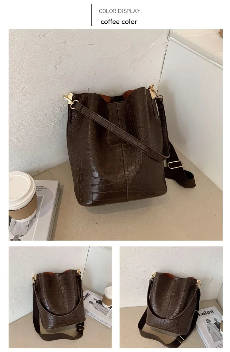 Women Bag Vintage Crocodile Pattern Crossbody Bags for Women PU Leather Trend Designer Shoulder Handbags Large Capacity Bucket
