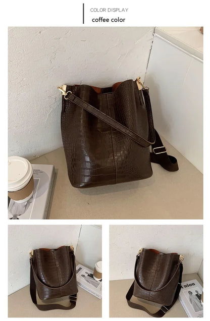 Women Bag Vintage Crocodile Pattern Crossbody Bags for Women PU Leather Trend Designer Shoulder Handbags Large Capacity Bucket