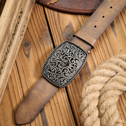 A Western-Buckle PU Belt Suitable for Both Men and Women, A Unique and Retro Brown Belt (With Perforated Nails Included)