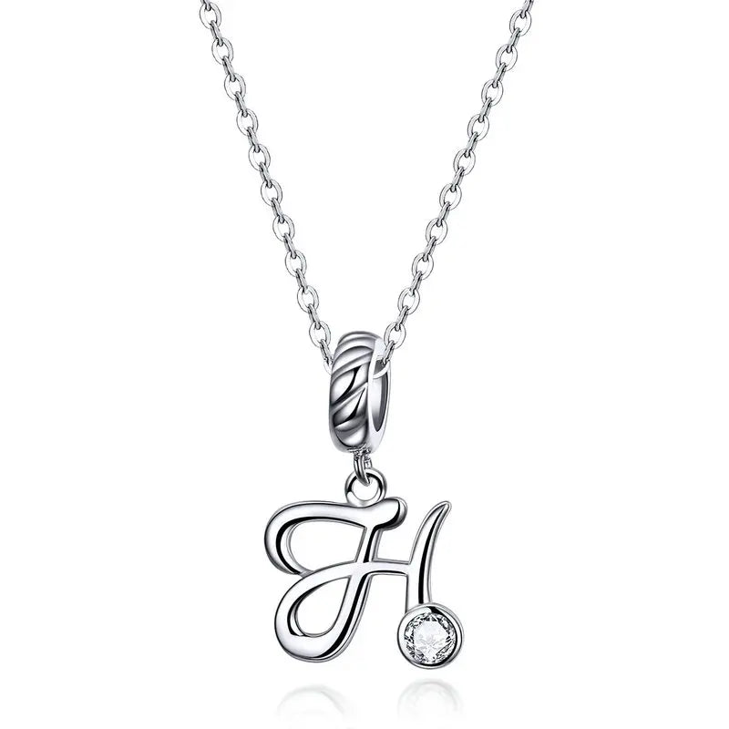 925 Sterling Silver Vintage Letter A to Z Pendant Necklace Initial Long Chain Necklace Platinum Plated Women Fine Jewelry