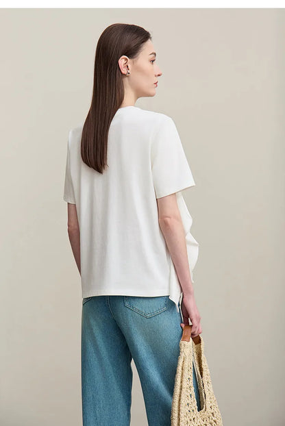 Women's T-Shirt 2026 Summer New Round Neck Ruffle Hem Cotton Tee Lace Trim Short Sleeve Loose Fit Top For Women 12642012