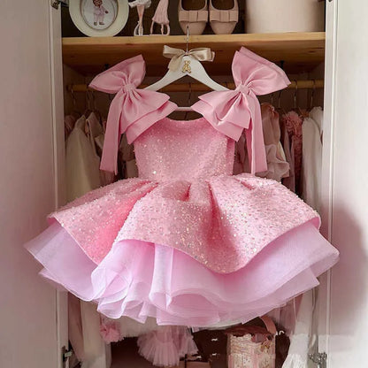 Light Luxury Girls Pink Princess Ball Gown Children Cute Bow Design Birthday Wedding Party Dress y1663