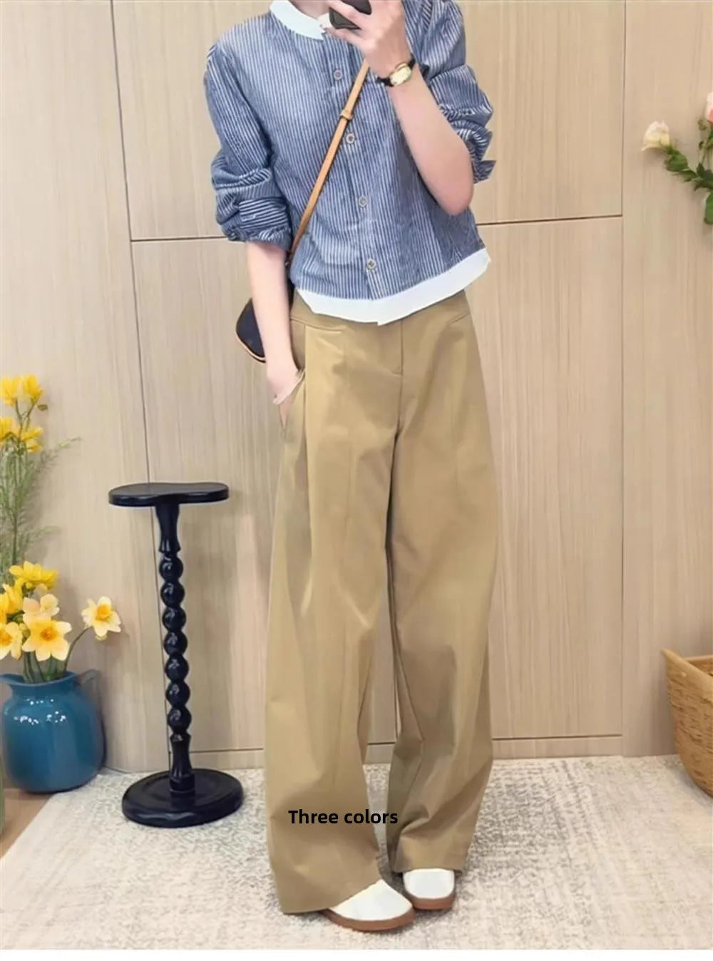 Khaki Casual Pants Women plus Size 200 Pou Loose Straight Leg High Waist Slimming Wide Leg Pants Commute Sle Korean Version