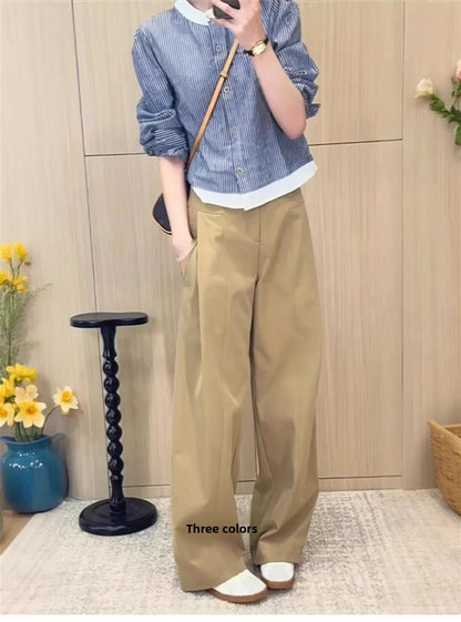Khaki Casual Pants Women plus Size 200 Pou Loose Straight Leg High Waist Slimming Wide Leg Pants Commute Sle Korean Version