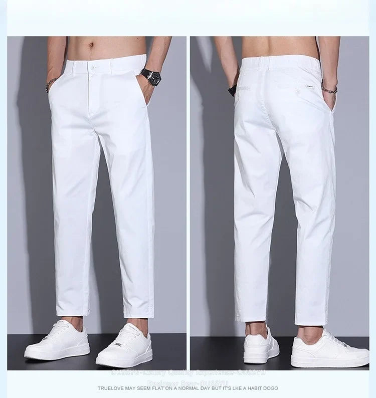 High Quality Summer Men's White Ankle Length Casual Pants 97%Cotton Breathable Straight Business Slim Work Chino Trousers Man